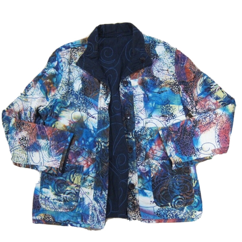 Casual Studio Cotton Reversible Jacket Button Closure Quilted Blue Multicolor